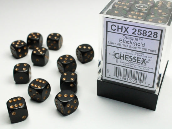 Chessex Opaque Black/Gold 12mm D6 Dice Block with 36 dice and display case