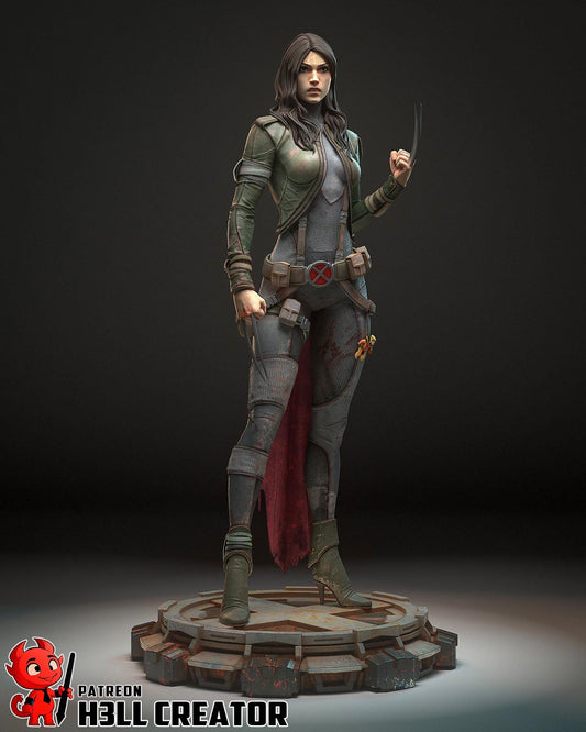 Statue of a character in a detailed costume on a dark background