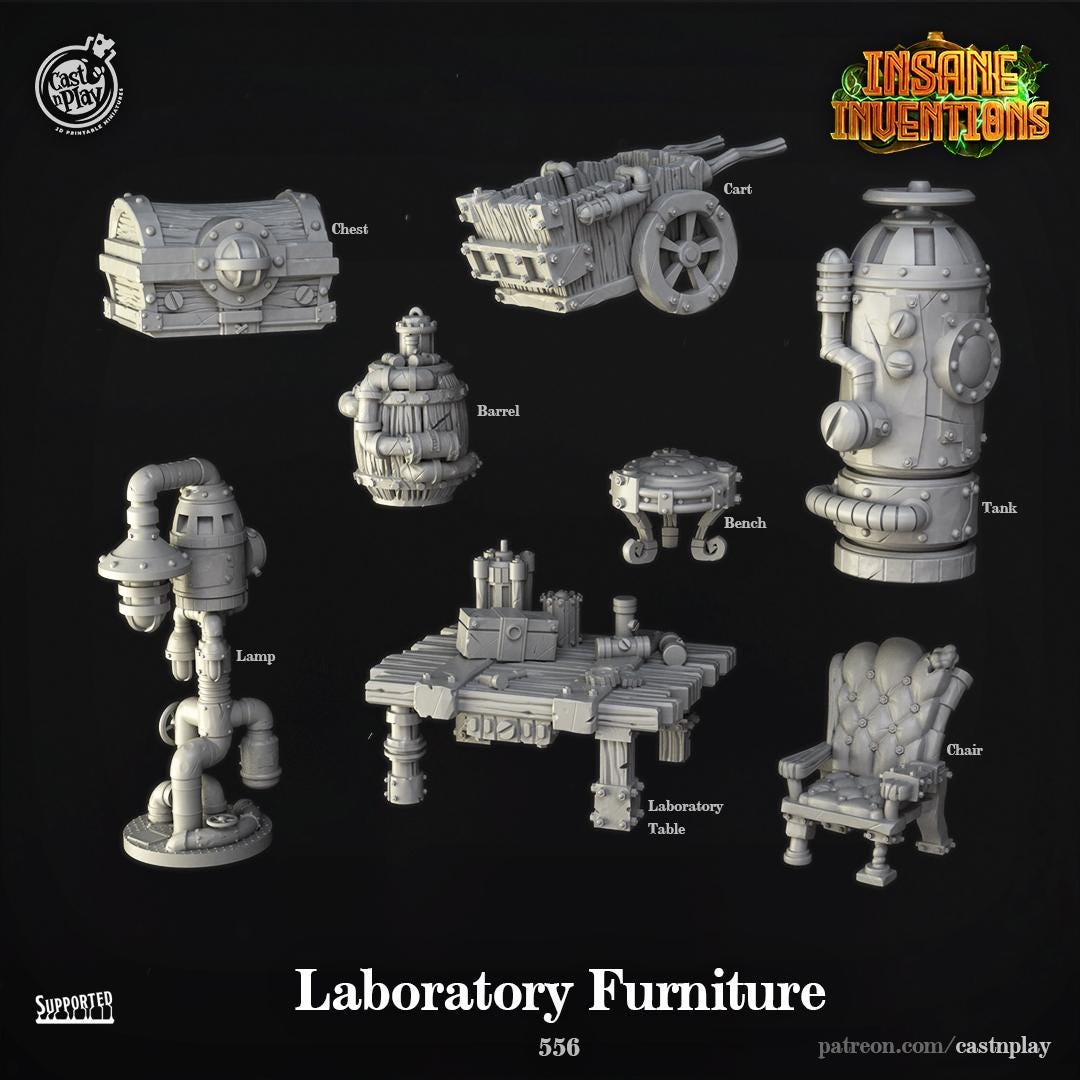 Insane Inventions Laboratory Furniture Terrain Set - resin tabletop miniature front view