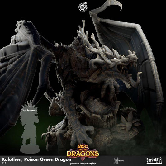 Model of a dragon with detailed scales and wings, featuring 'Rise of the Dragons' branding.