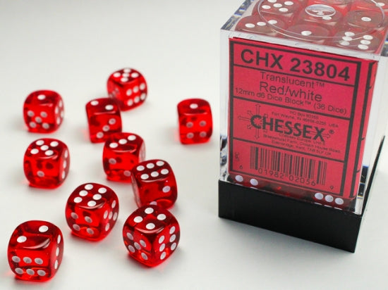 Chessex Translucent Red/White 12mm D6 Dice Block with 36 dice and display case