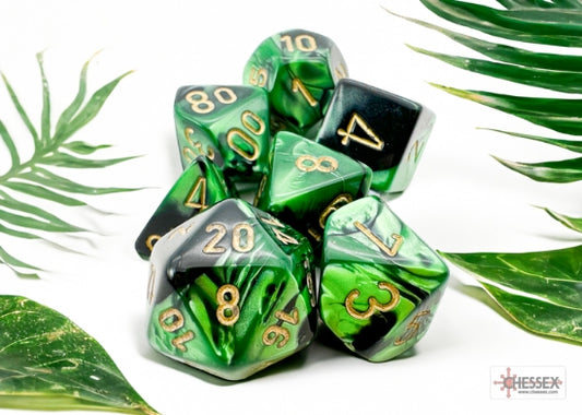 Chessex Gemini Black-Green/gold Polyhedral 7-Dice Set product image