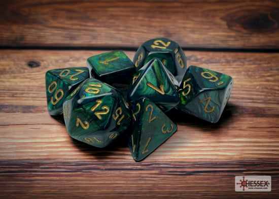 Chessex Scarab Jade/gold Polyhedral 7-Dice Set - resin tabletop miniature front view