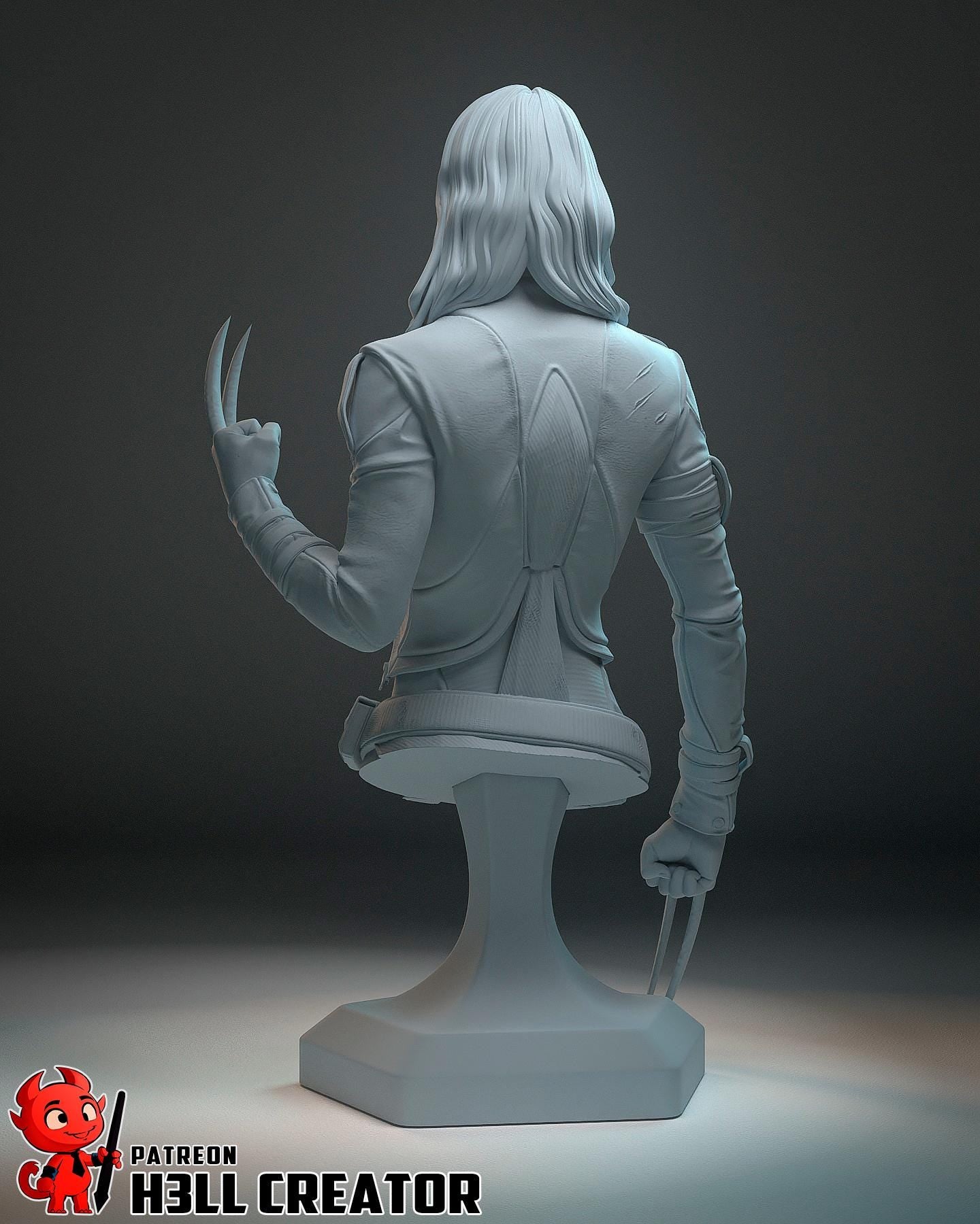 Gray statue of a character with outstretched arm on a dark background, featuring 'Hell Creator' logo.