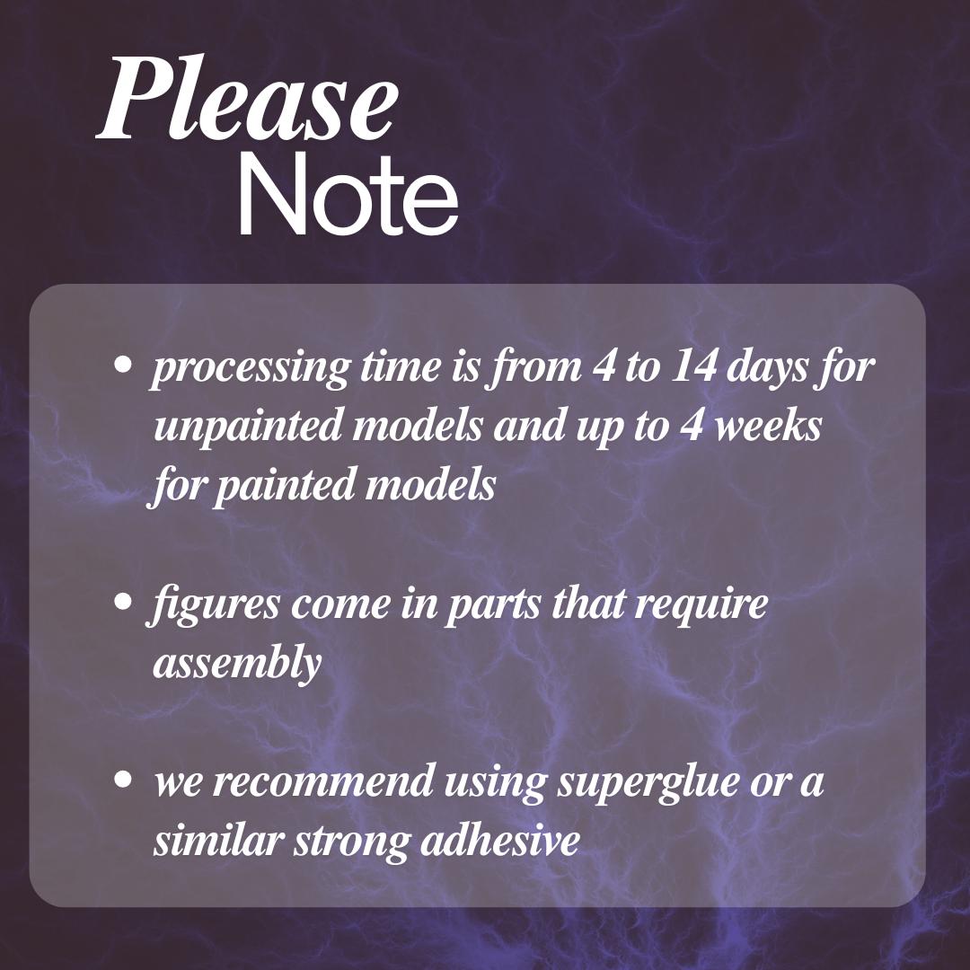 Note card with text about processing times, assembly requirements, and adhesive recommendation on a dark background.