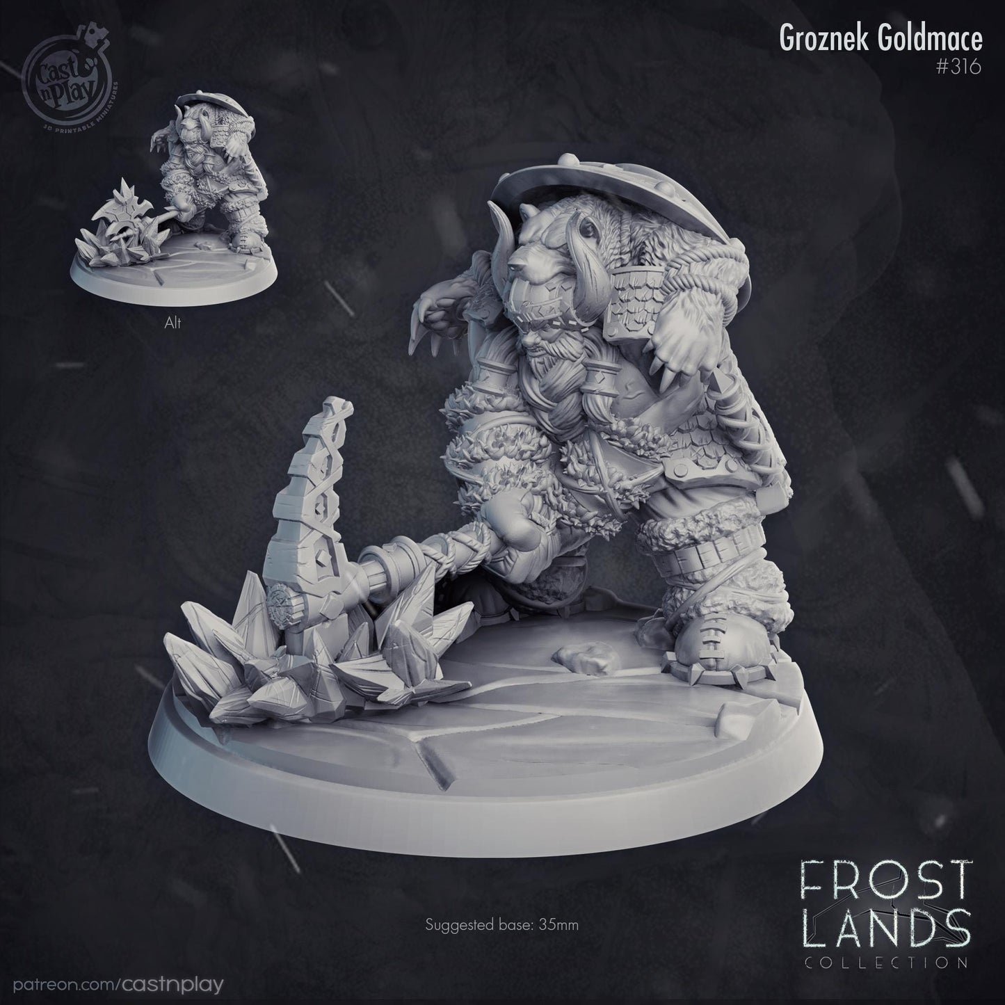 Unpainted fantasy figurine with a mace on a dark background, labeled 'Frost Lands Collection'.