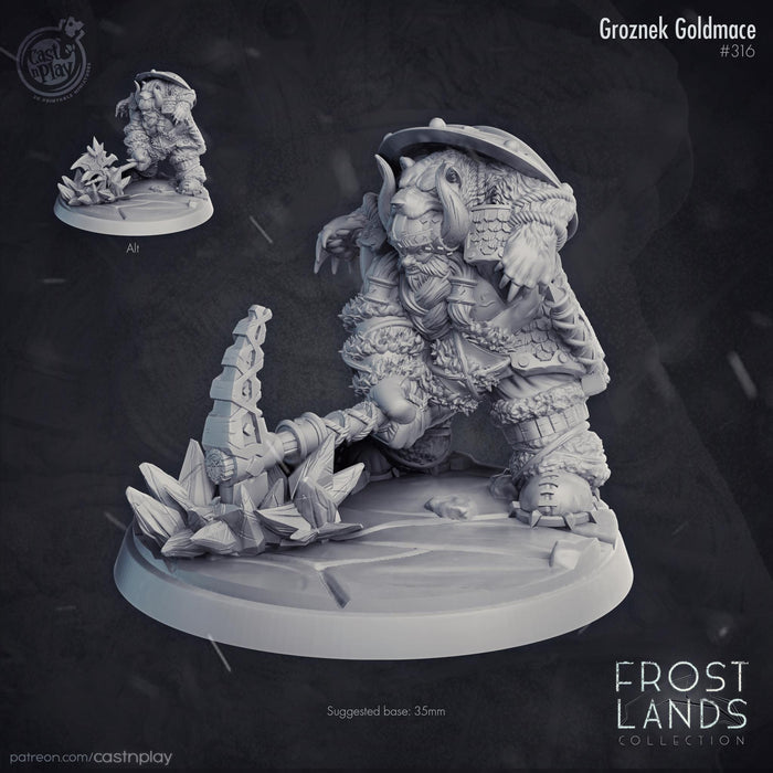 Unpainted fantasy figurine with a mace on a dark background, labeled 'Frost Lands Collection'.