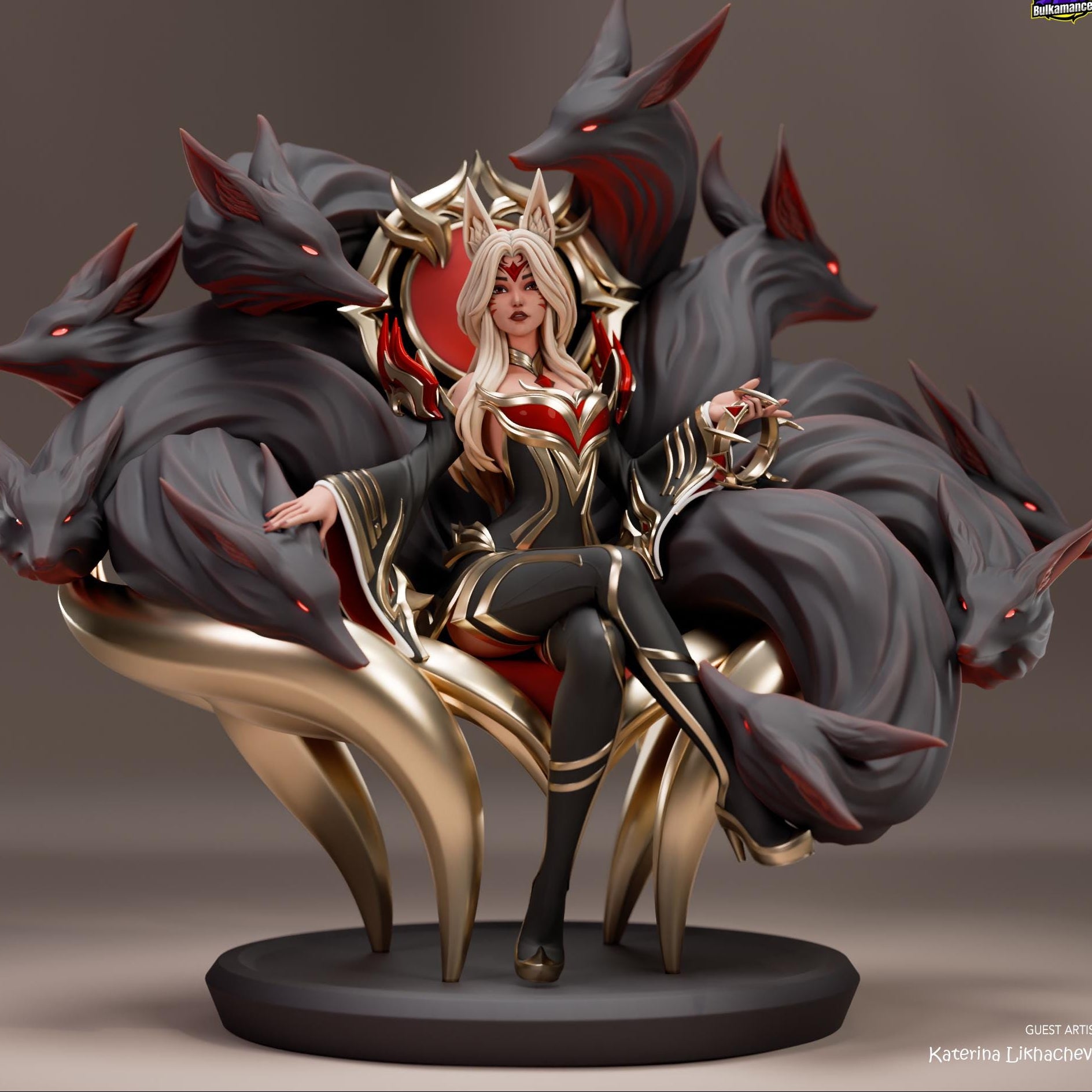 Statue of a warrior surrounded by wolf-like creatures on a gray background