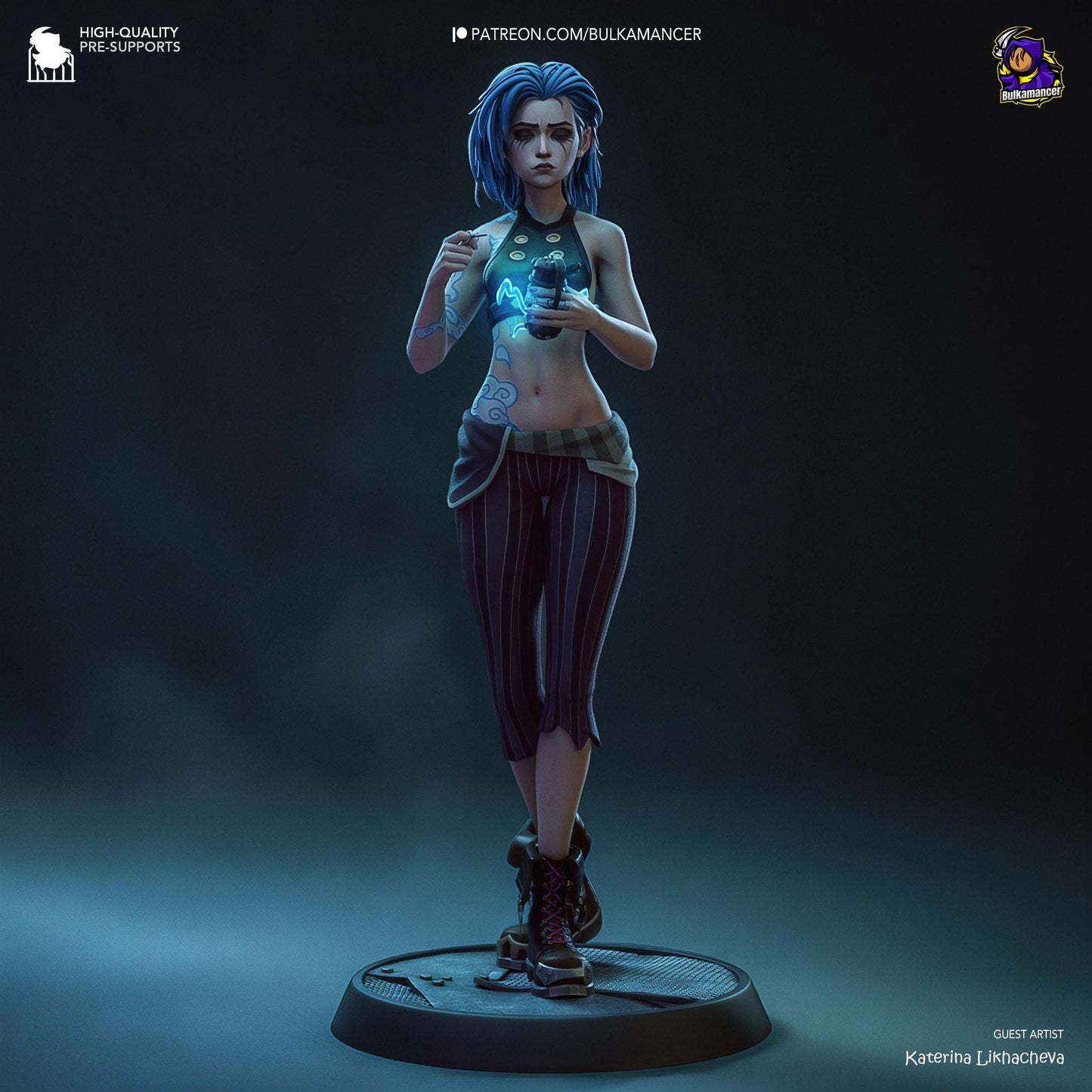 Statue of Jinx from League of Legends, Arcane tv show with blue hair and tattoos on a dark background