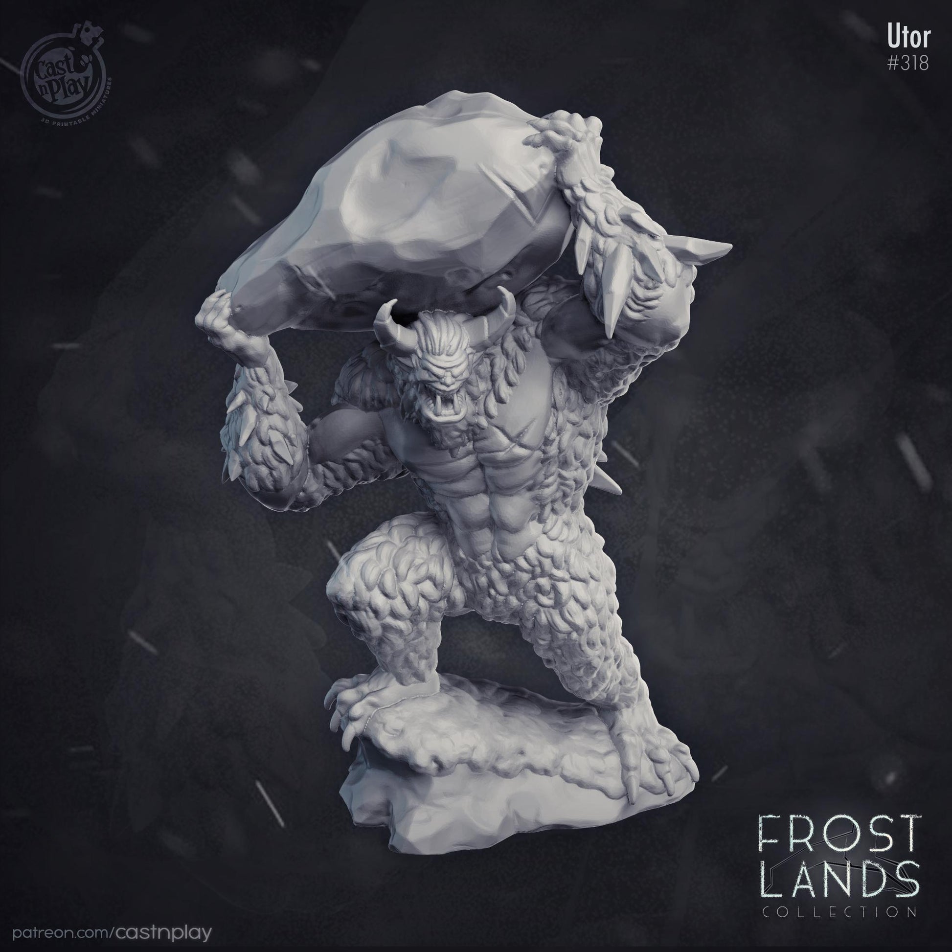 Stylized Frost Giant with a large rock on its back against a dark background