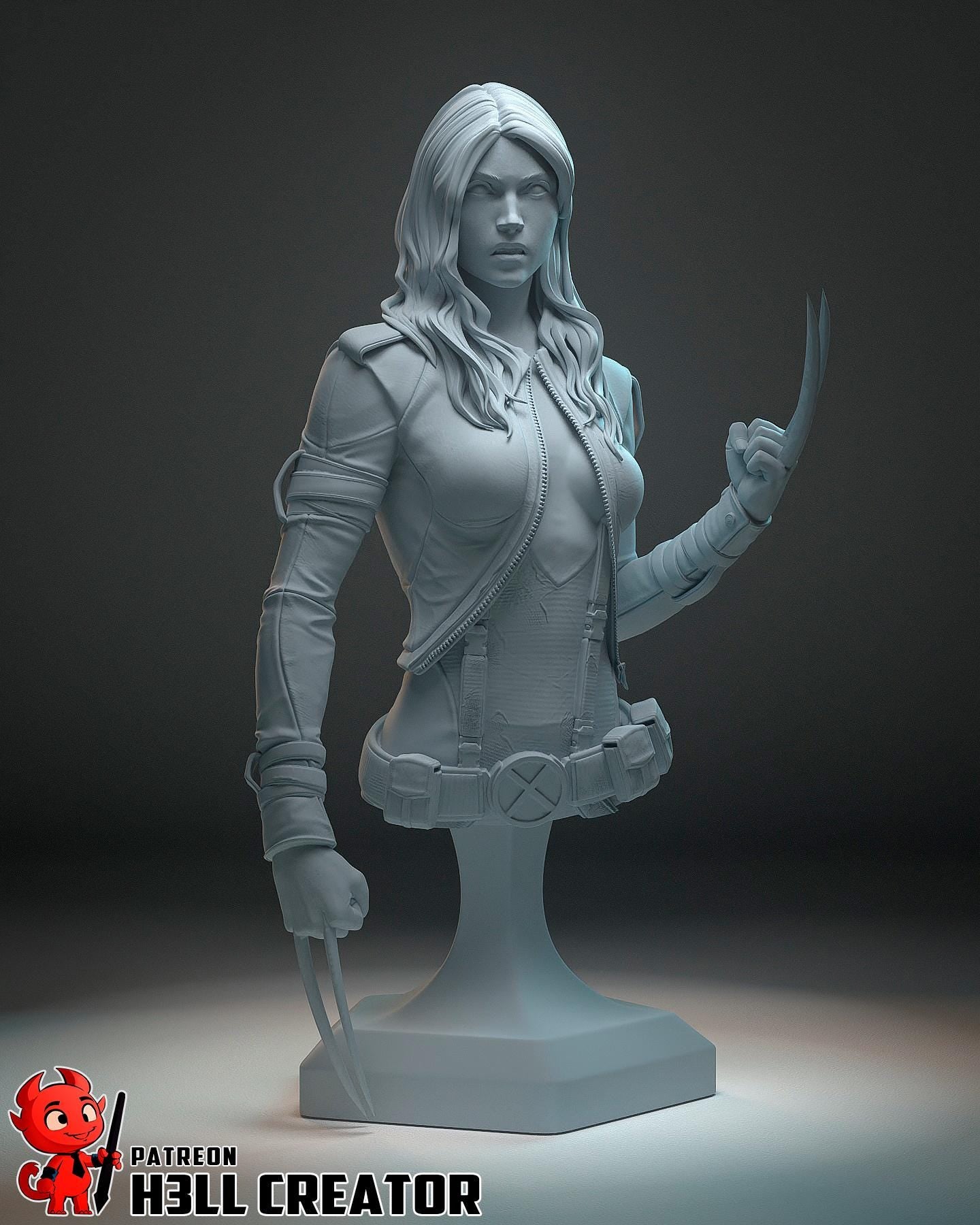 Gray sculpture of a character holding a weapon on a dark background