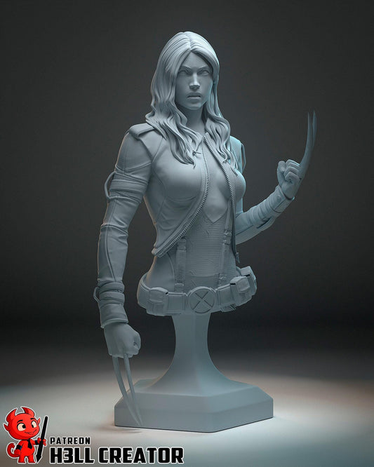 Gray sculpture of a character holding a weapon on a dark background