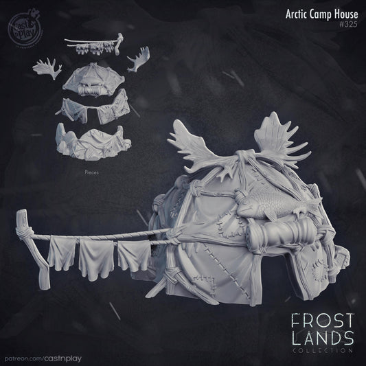 Model of an Arctic camp house with moose head design on a dark background, featuring the 'Frost Lands Collection' branding.