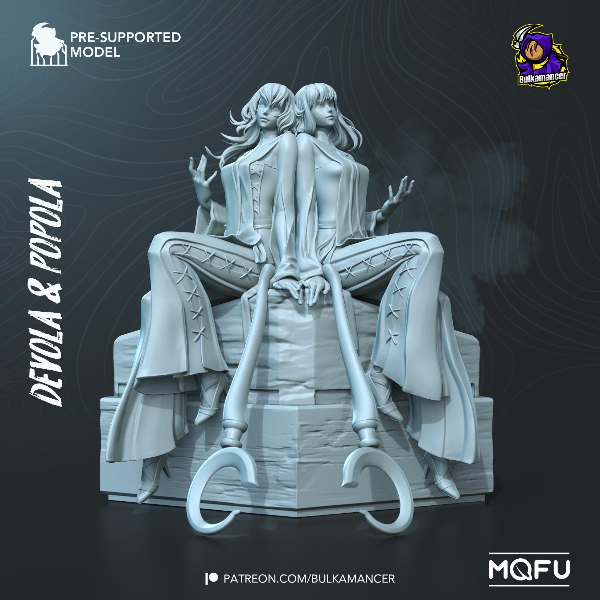 3D model of two characters sitting on a throne with decorative elements, featuring branding and website information.