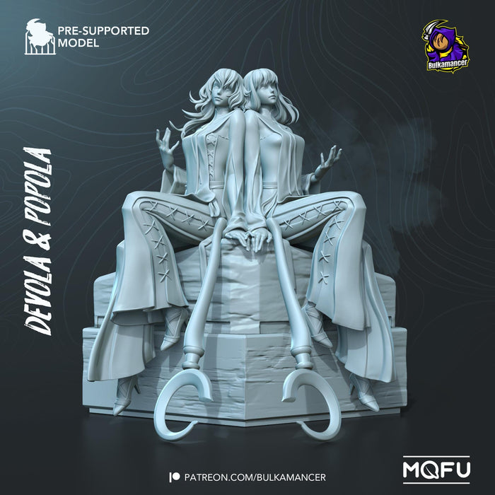 3D model of two characters sitting on a throne with decorative elements, featuring branding and website information.