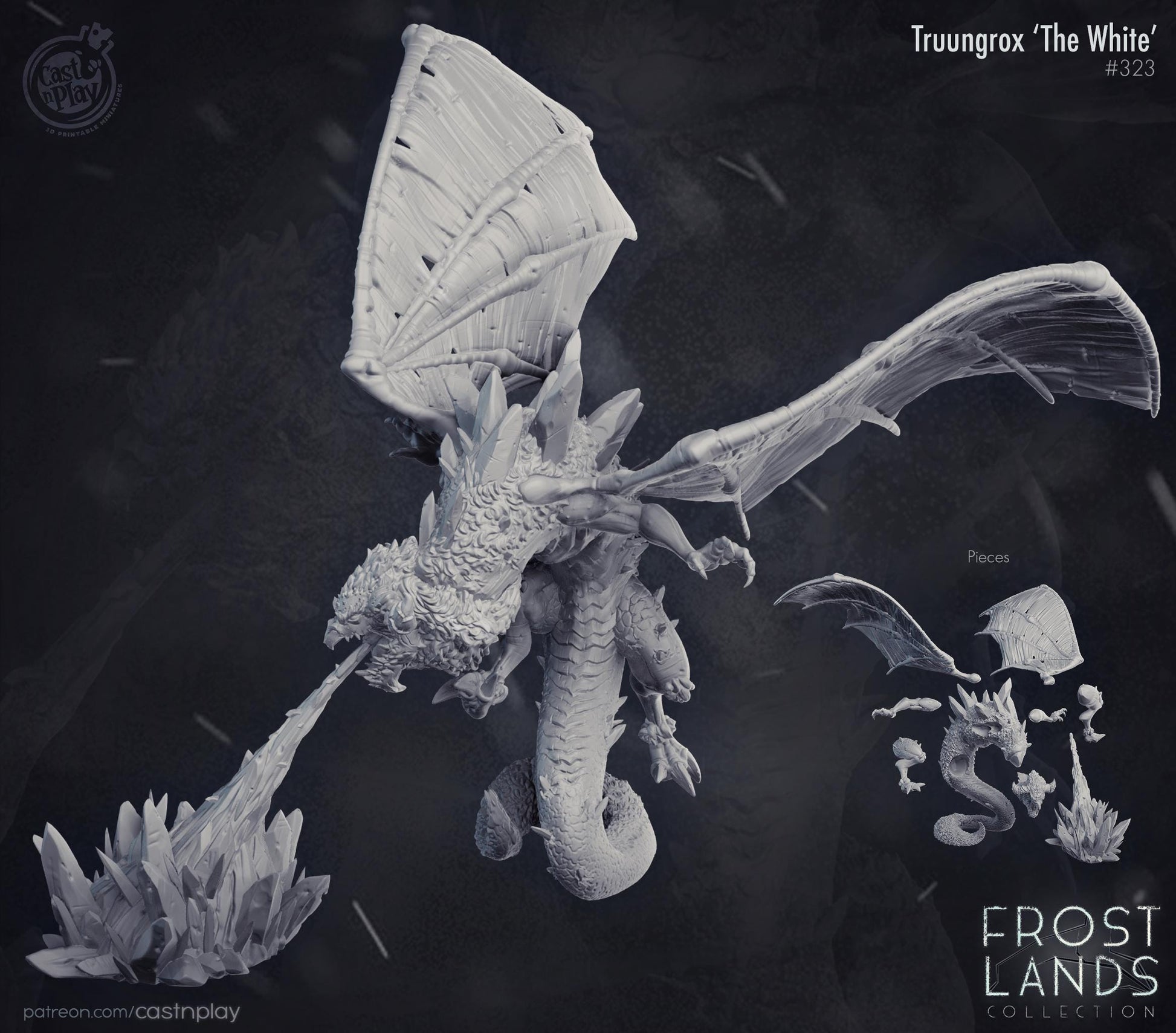 White dragon figurine on a dark background with 'Frostlands Collection' branding.
