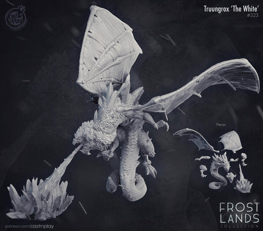 White dragon figurine on a dark background with 'Frostlands Collection' branding.