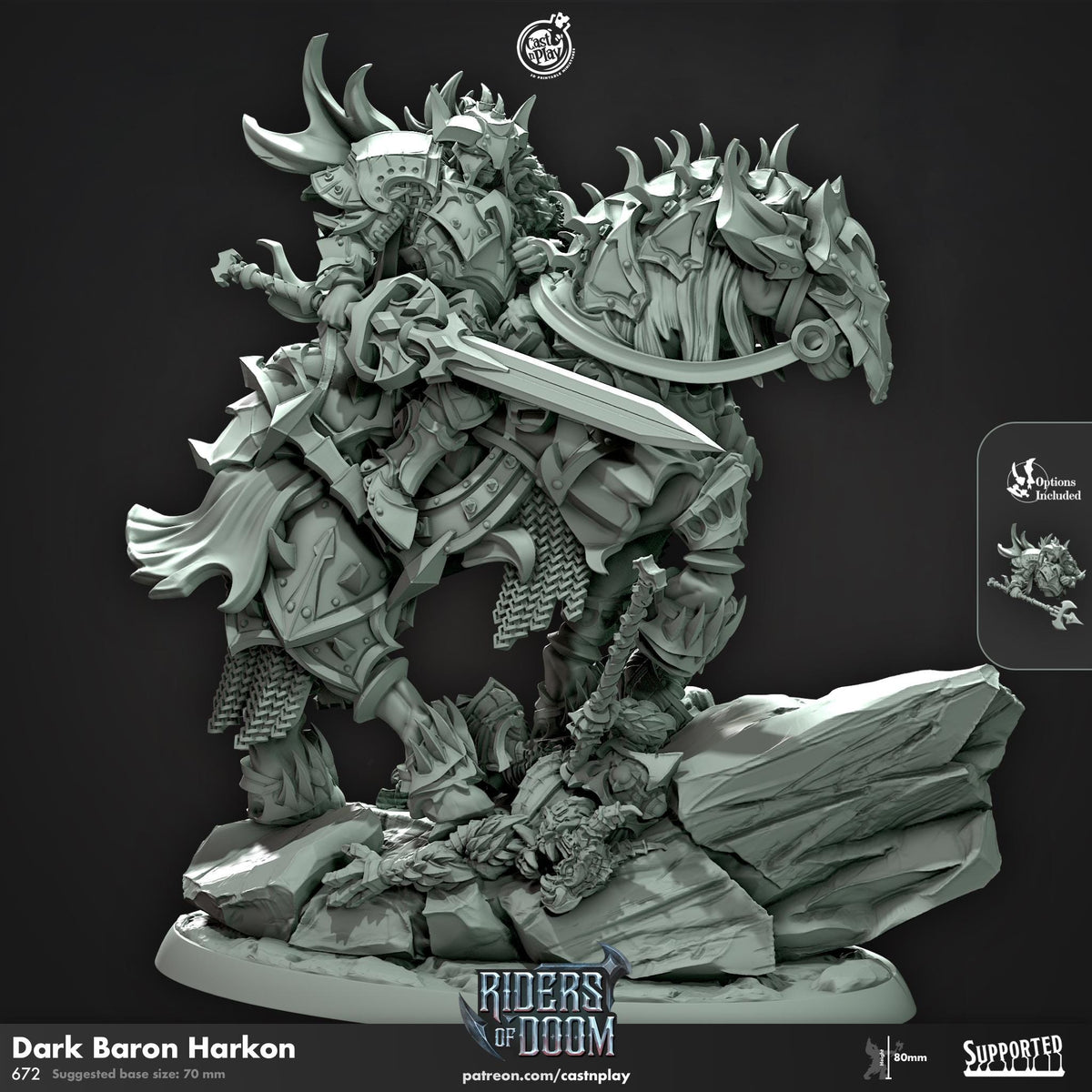 Cast n Play Dark Baron Harkon sculptor artwork showing an armored mounted knight on a scenic base