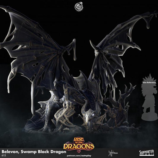 Dark fantasy dragon model with 'Rise of the Dragons' branding on a dark background