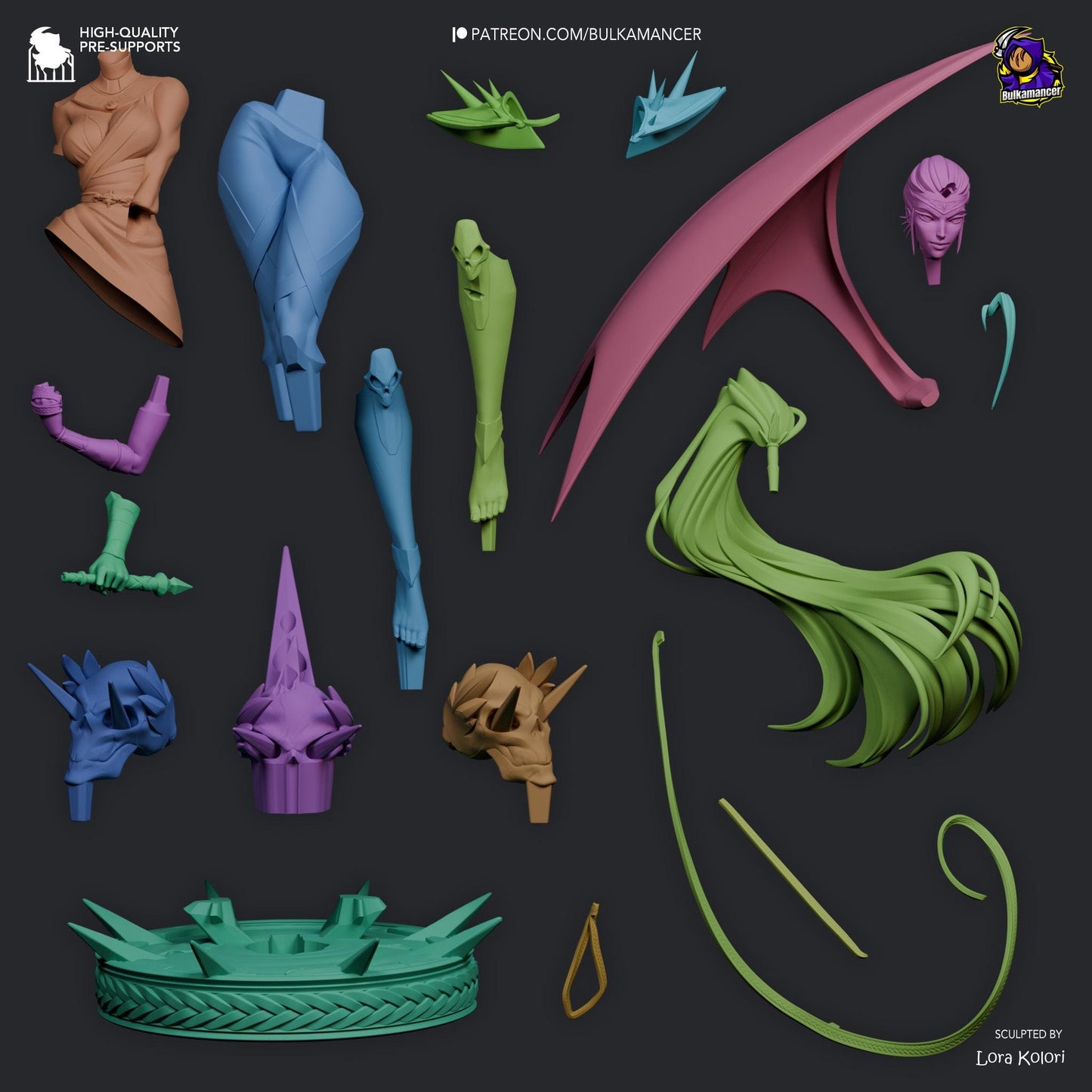 Collection of colorful 3D-printed models on a dark background