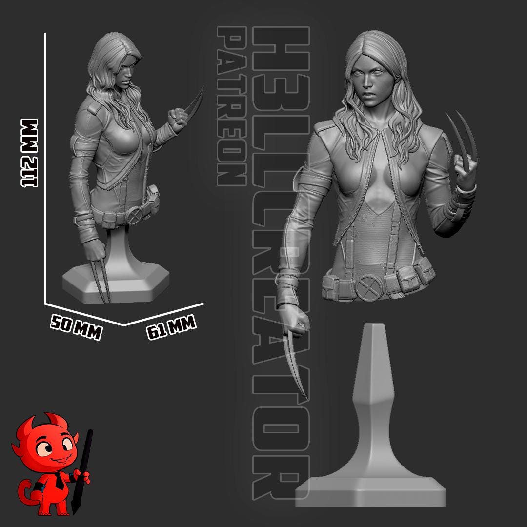 Gray resin figure of a character with a stand on a dark background, featuring measurements and branding.