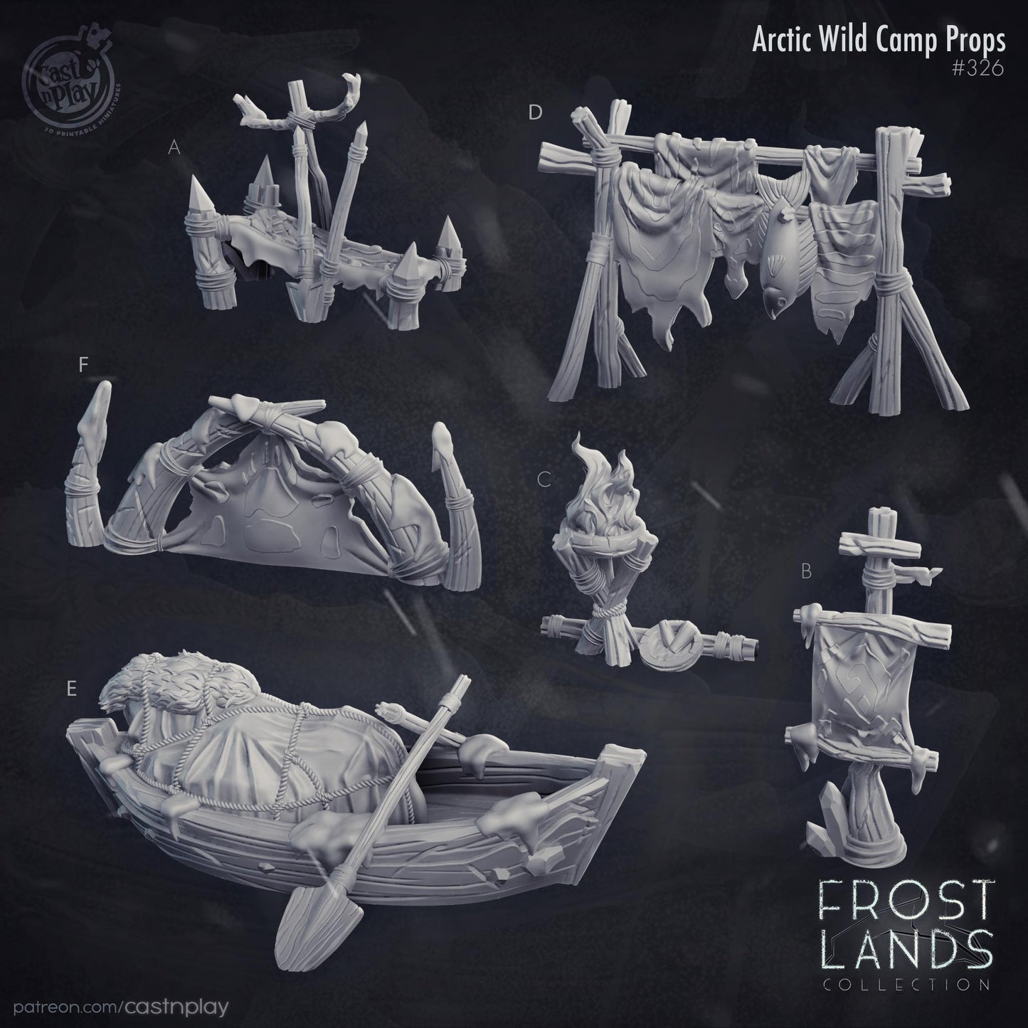 Set of Arctic Wild Camp Props with detailed illustrations on a dark background