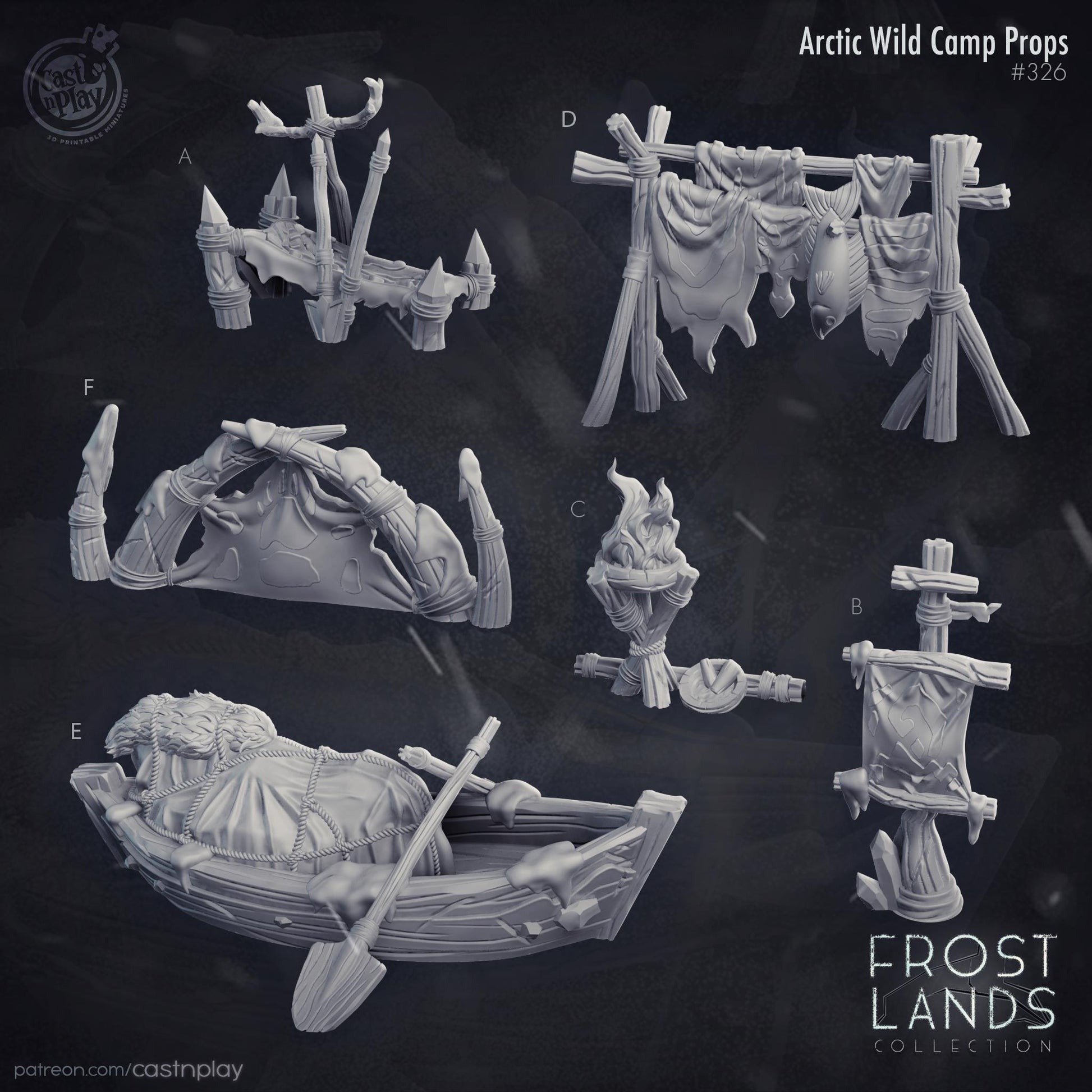 Set of Arctic Wild Camp Props with detailed illustrations on a dark background