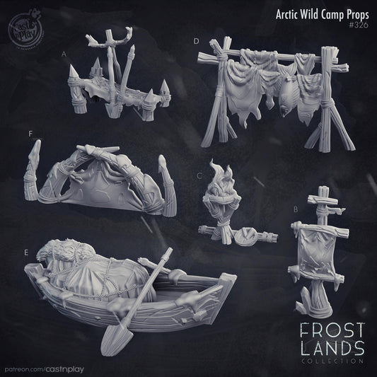 Set of Arctic Wild Camp Props with detailed illustrations on a dark background