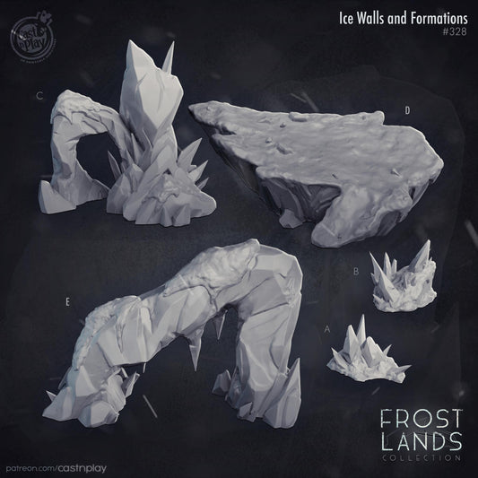 Illustrations of ice walls and formations on a dark background with 'Frost Lands Collection' branding.