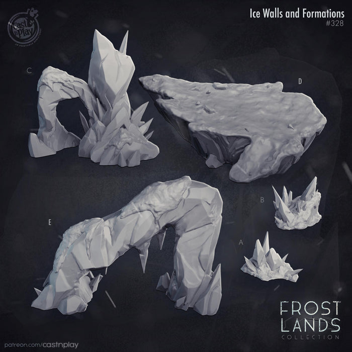 Illustrations of ice walls and formations on a dark background with 'Frost Lands Collection' branding.