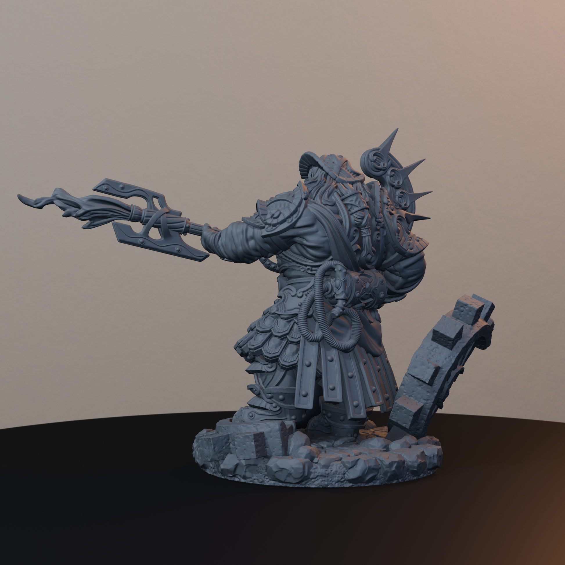 Steelbreaker Engineers Dwarf Miniatures - Steelbreaker Engineer Pose 03 - back left three-quarter view