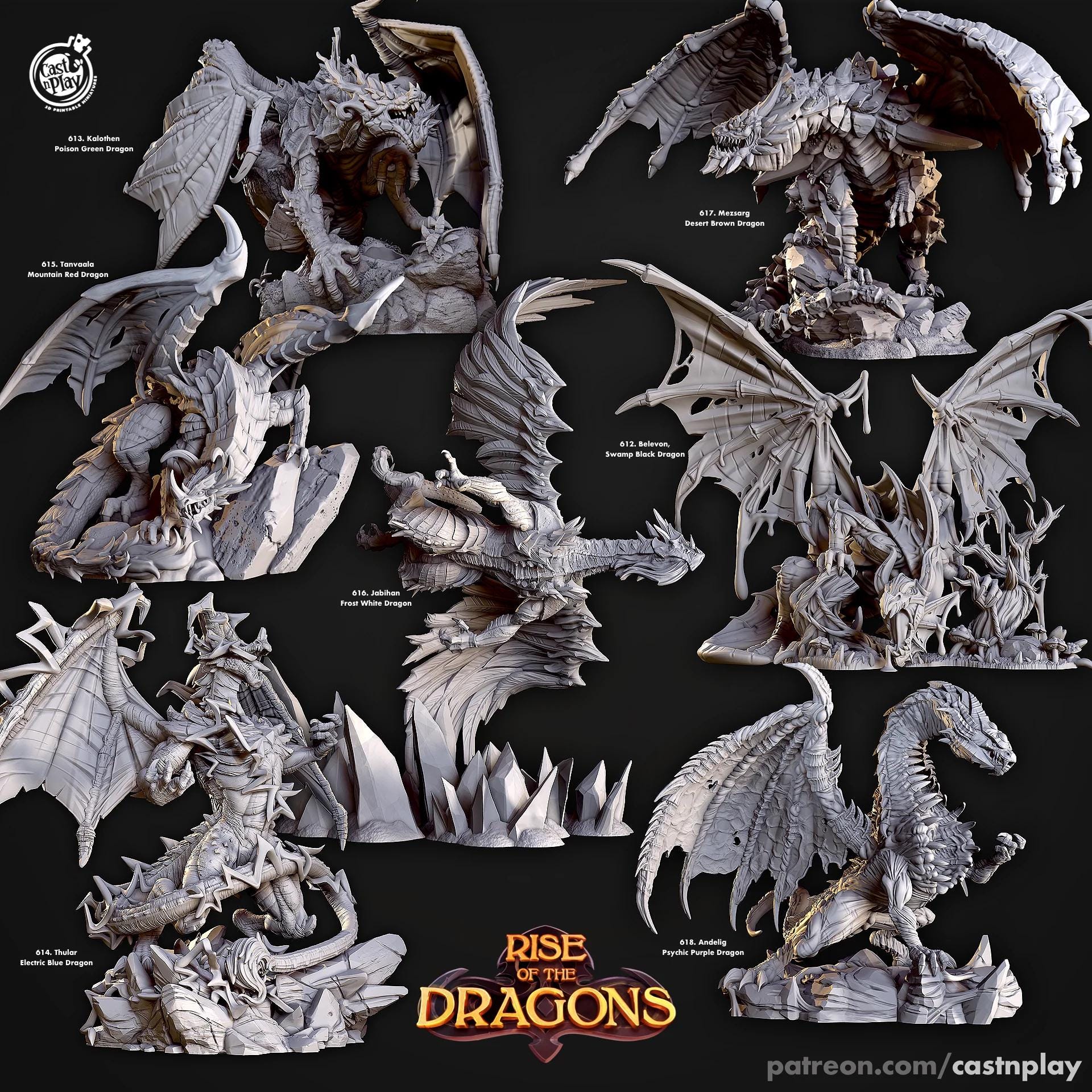 Collection of dragon figurines with 'Rise of the Dragons' branding on a dark background.