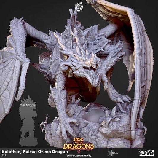 Model of a dragon with detailed features on a dark background, featuring the 'Rise of the Dragons' logo.