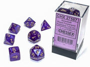 Chessex Borealis Royal Purple/gold Luminary Polyhedral 7-Dice Set - resin tabletop miniature front view