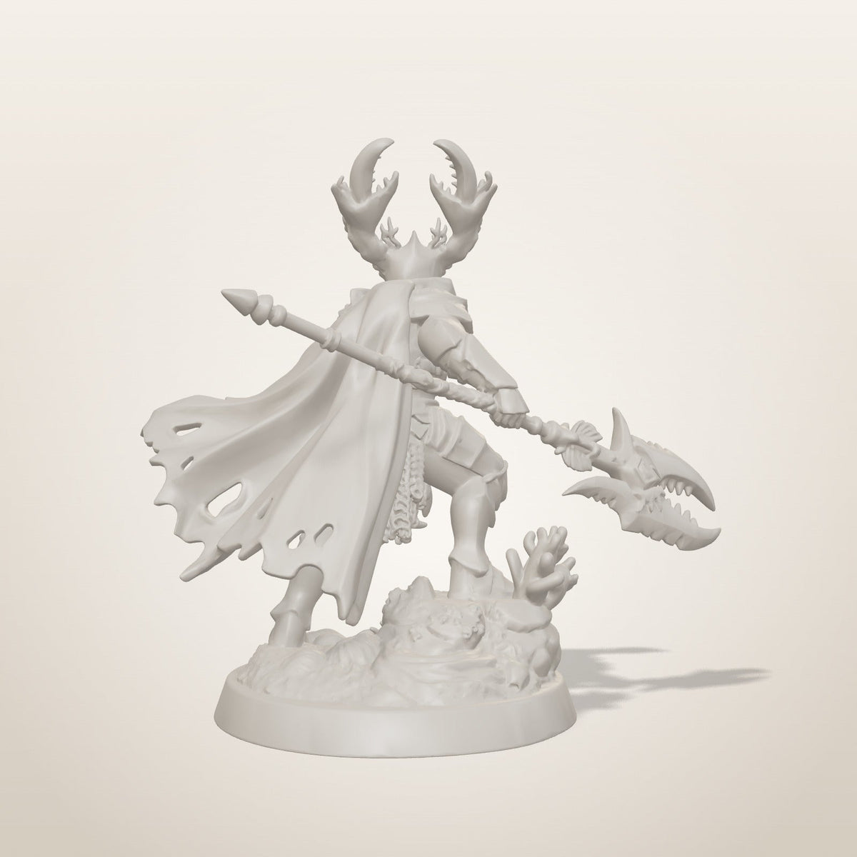 Crab Knight miniature — rear studio render of the unpainted sculpt, Late Night Miniatures