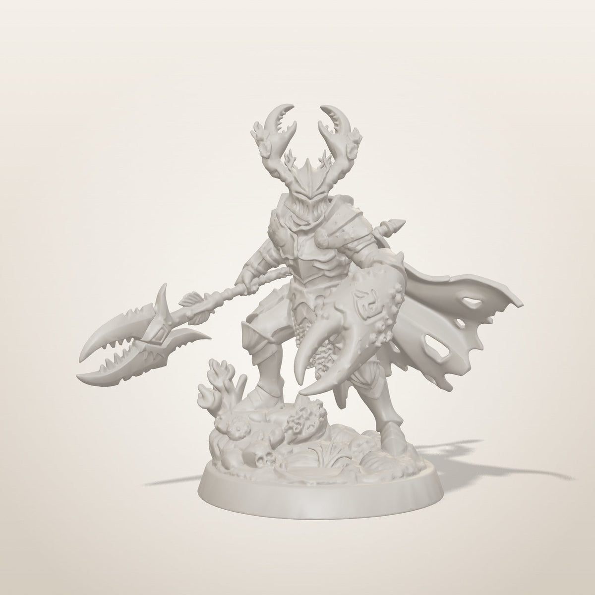 Crab Knight miniature — front studio render of the unpainted sculpt, Late Night Miniatures