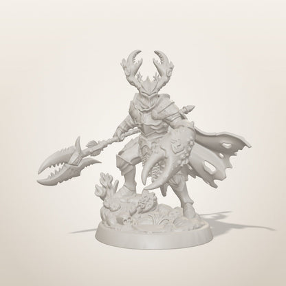 Crab Knight miniature — front studio render of the unpainted sculpt, Late Night Miniatures