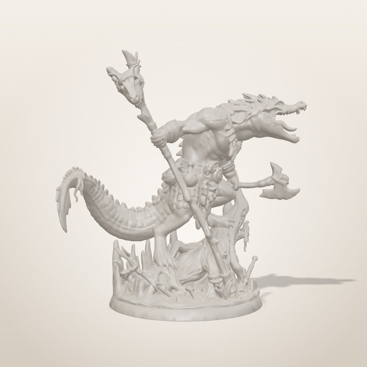 Croc Shaman miniature — three-quarter studio render of the unpainted sculpt, Late Night Miniatures