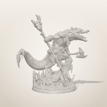 Croc Shaman miniature — three-quarter studio render of the unpainted sculpt, Late Night Miniatures