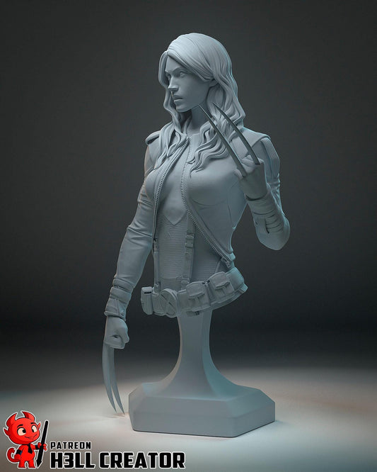 Gray resin figure of a character holding a weapon on a dark background with 'Hell Creator' branding.