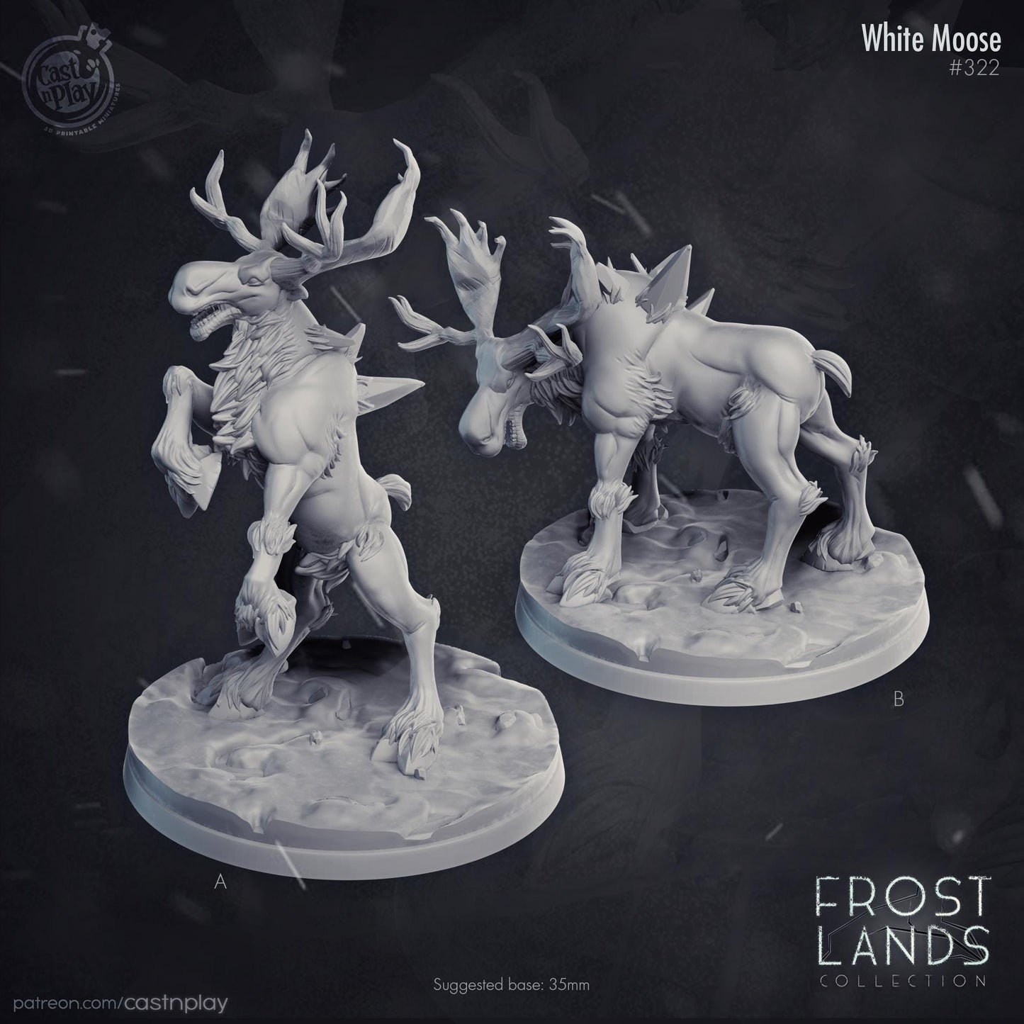 White moose figurine on a dark background with 'Frost Lands Collection' branding.