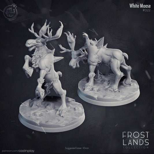 White moose figurine on a dark background with 'Frost Lands Collection' branding.
