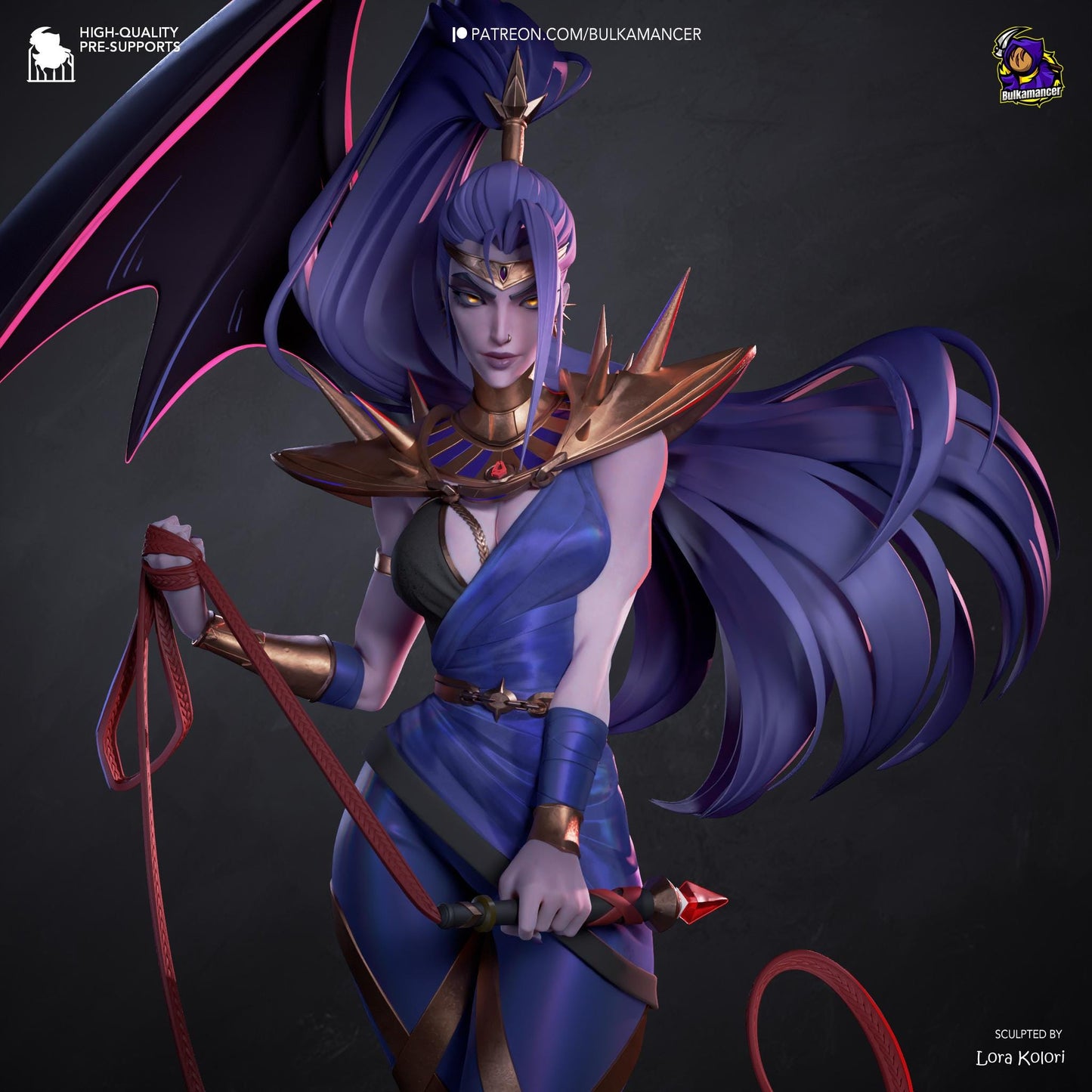 Fantasy character with purple hair and armor on a dark background