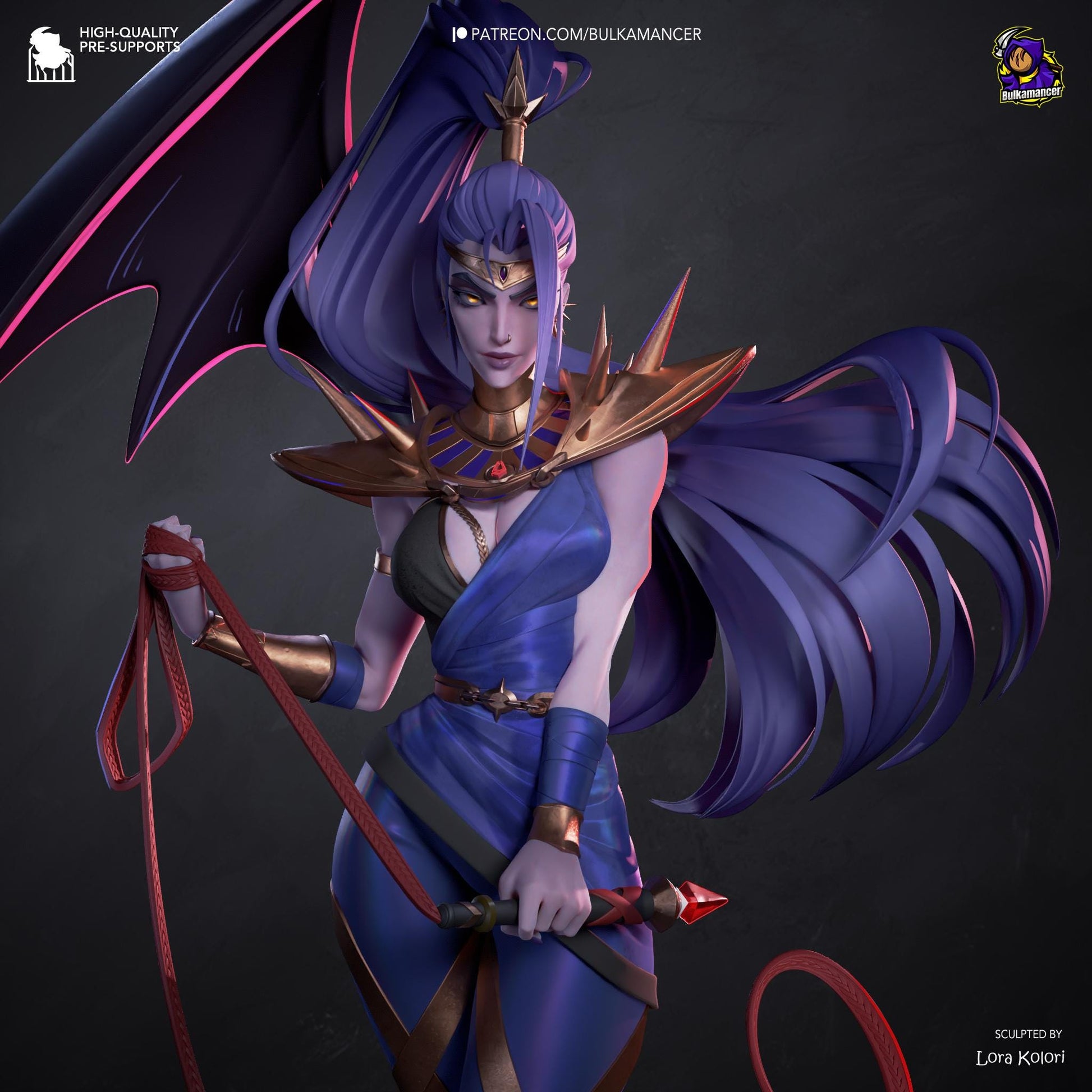 Fantasy character with purple hair and armor on a dark background