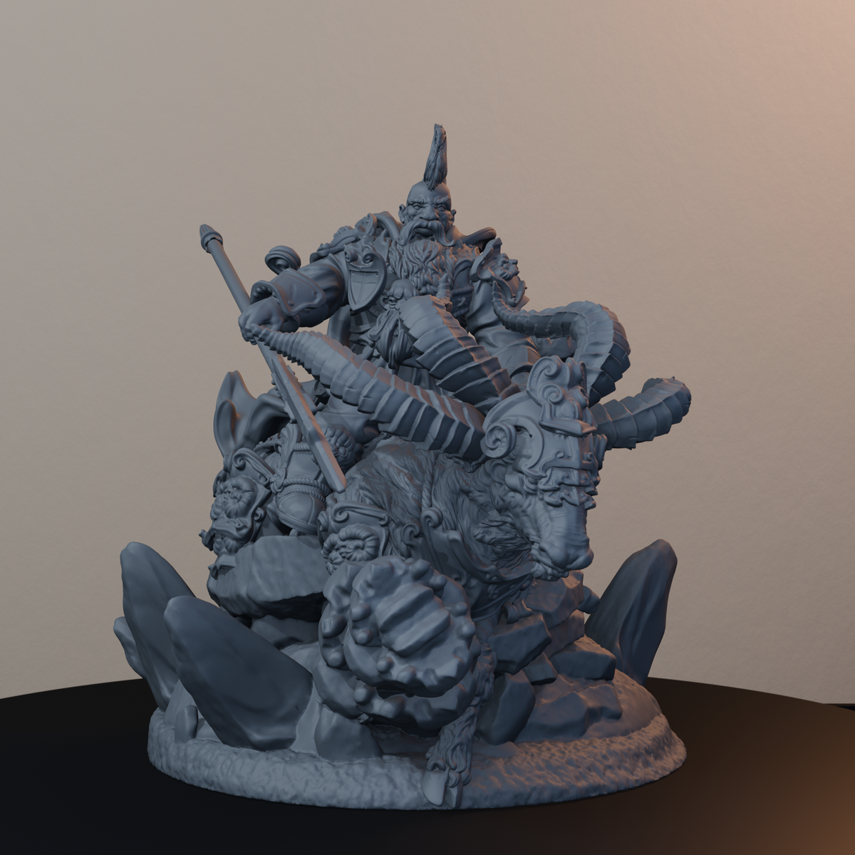 Steelbreaker Warriors Ram Riders Dwarf Miniatures - Steelbreaker Ram Rider Pose 03 - front right three-quarter view