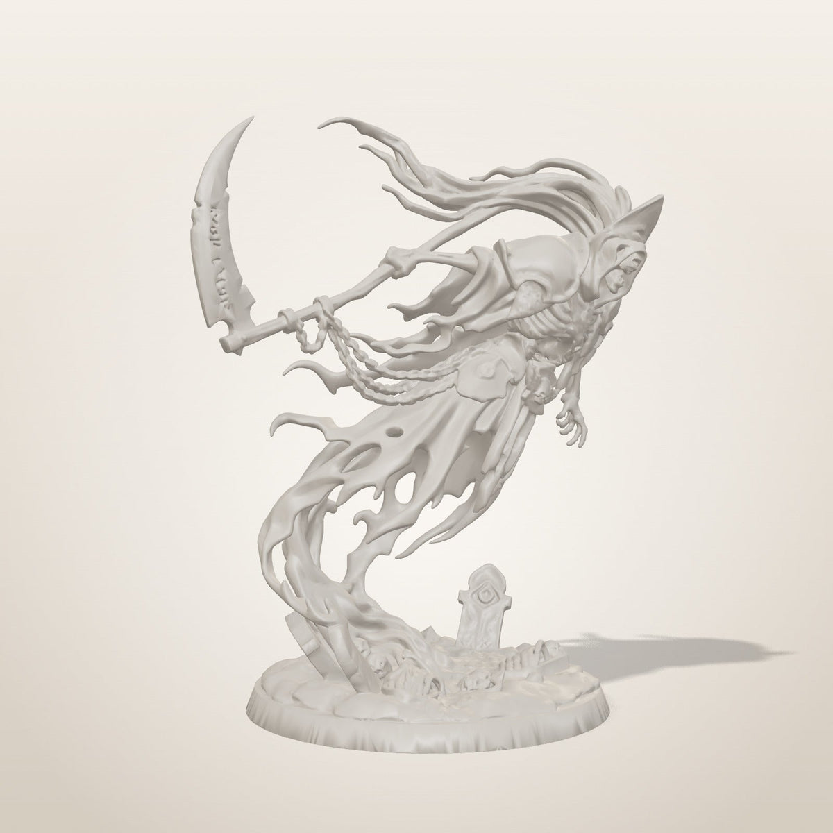 Ghost Collector miniature — three-quarter studio render of the unpainted sculpt, Late Night Miniatures