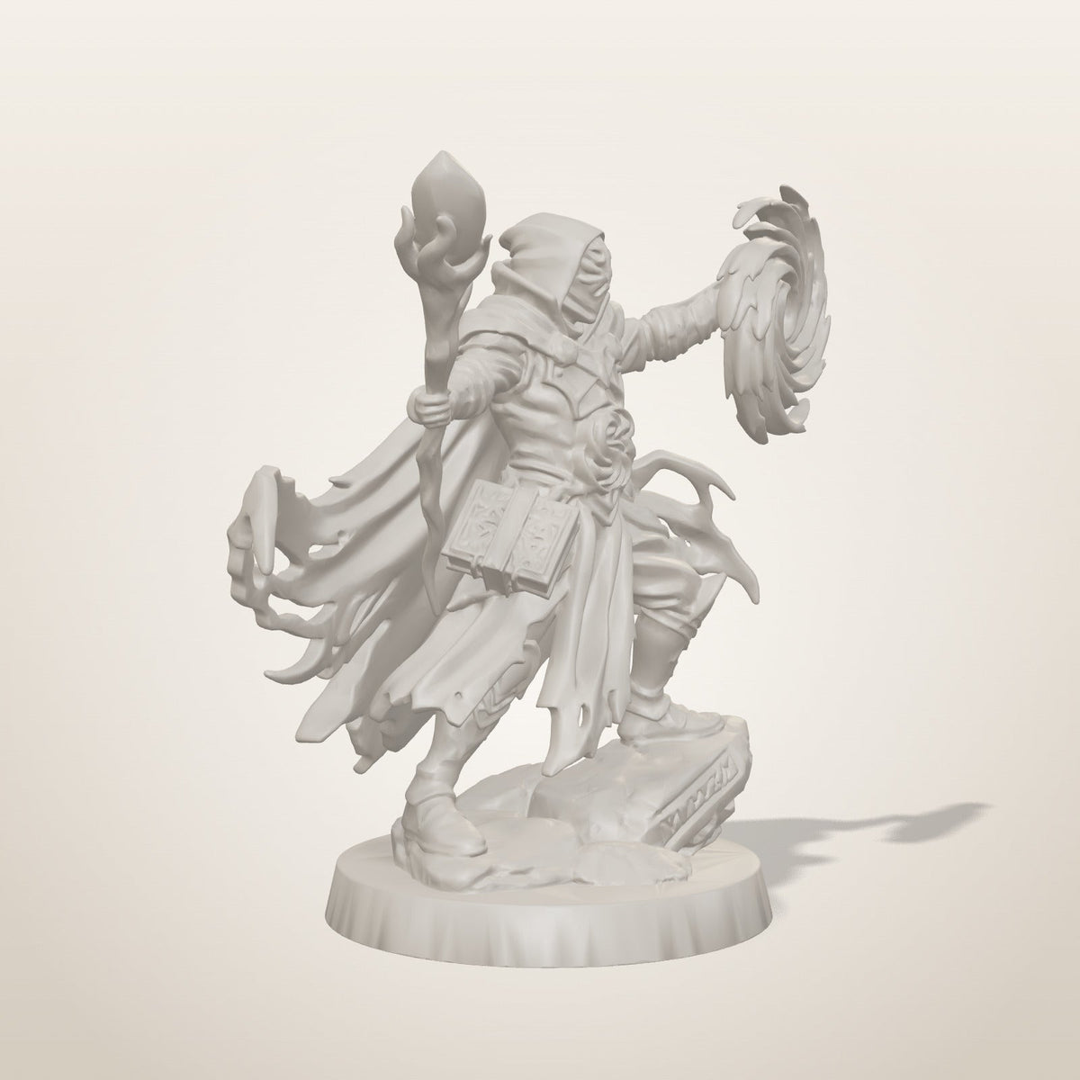 Portal Mage miniature — three-quarter studio render of the unpainted sculpt, Late Night Miniatures
