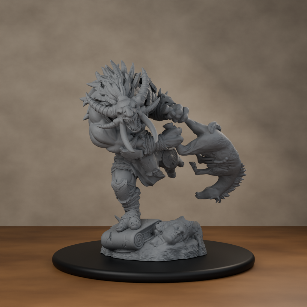 Blackspring Troll Pose 02 - unpainted resin miniature digital render - scale on wheel